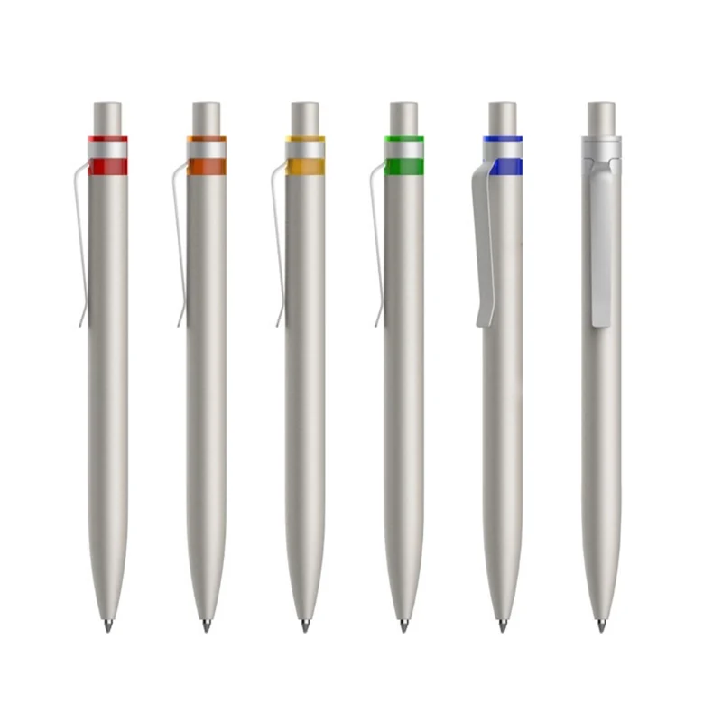 Recycled-aluminium pens with silver-coloured bodies and colour accents