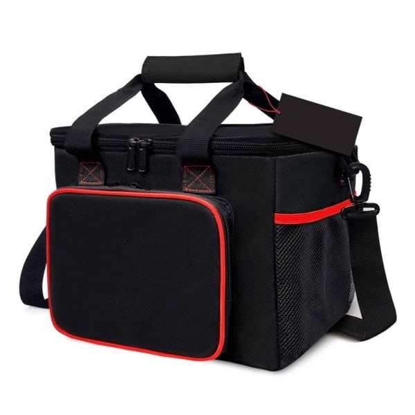 Unmarked black lunch cooler bag with red-trimmed front pocket and carrying handles