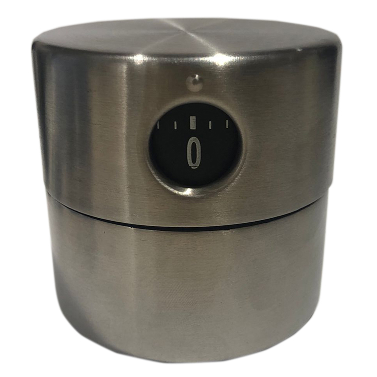 Unmarked cylindrical brushed-metal timer with a small front indicator window