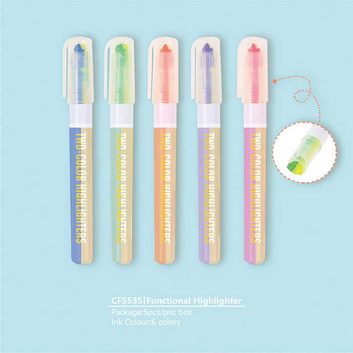 Five paired-colour highlighters with translucent caps