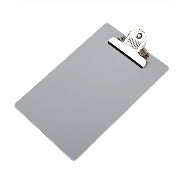 Grey plastic clipboard with metal clip