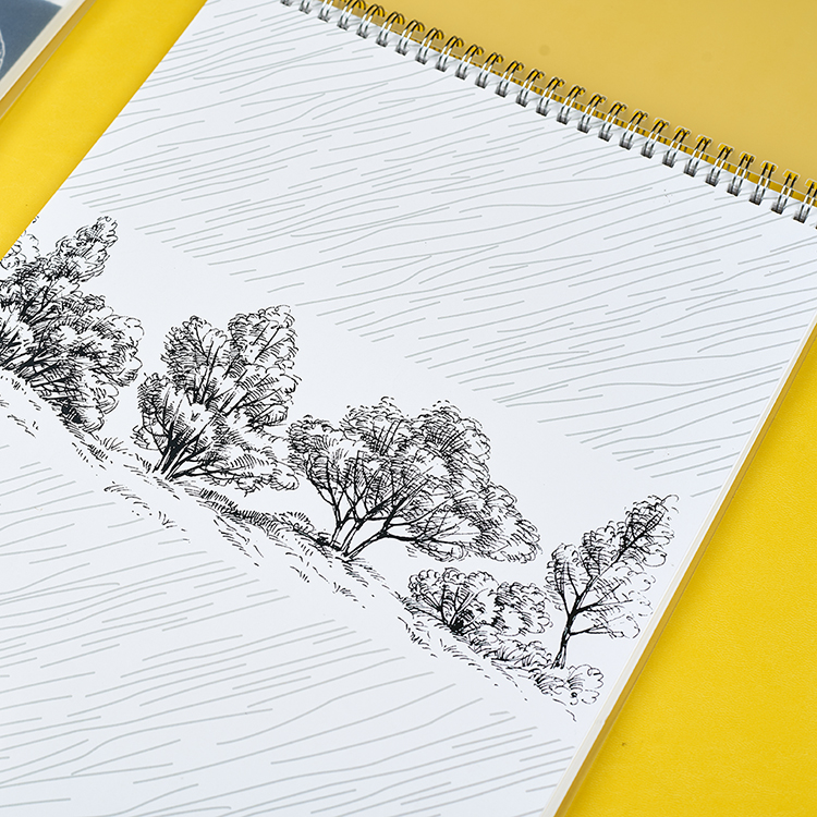 Wire-bound book with a printed landscape design