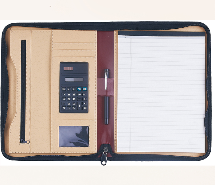 Open zipped writing portfolio with card pockets and writing-pad area