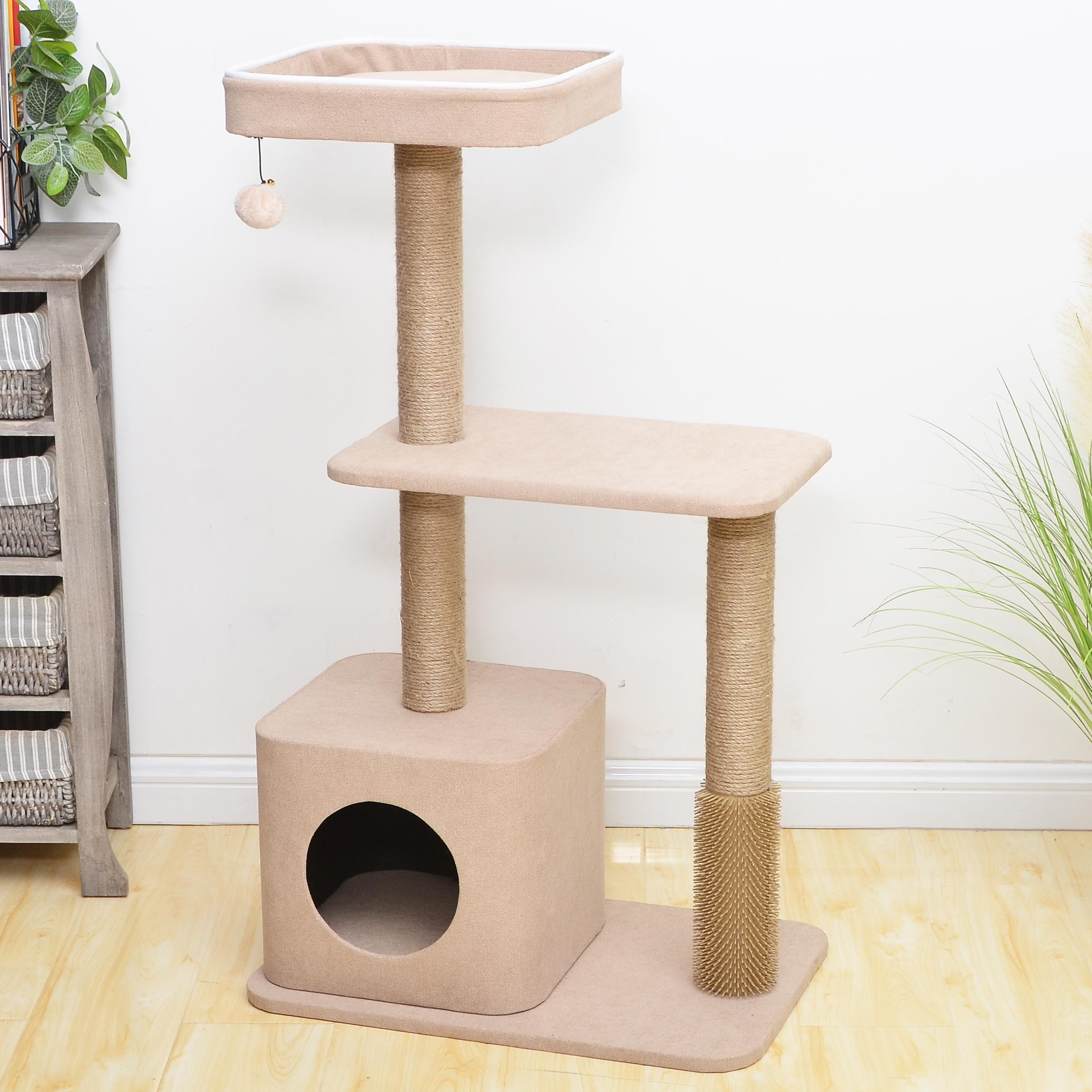 Upholstered cat tower with rope posts reference