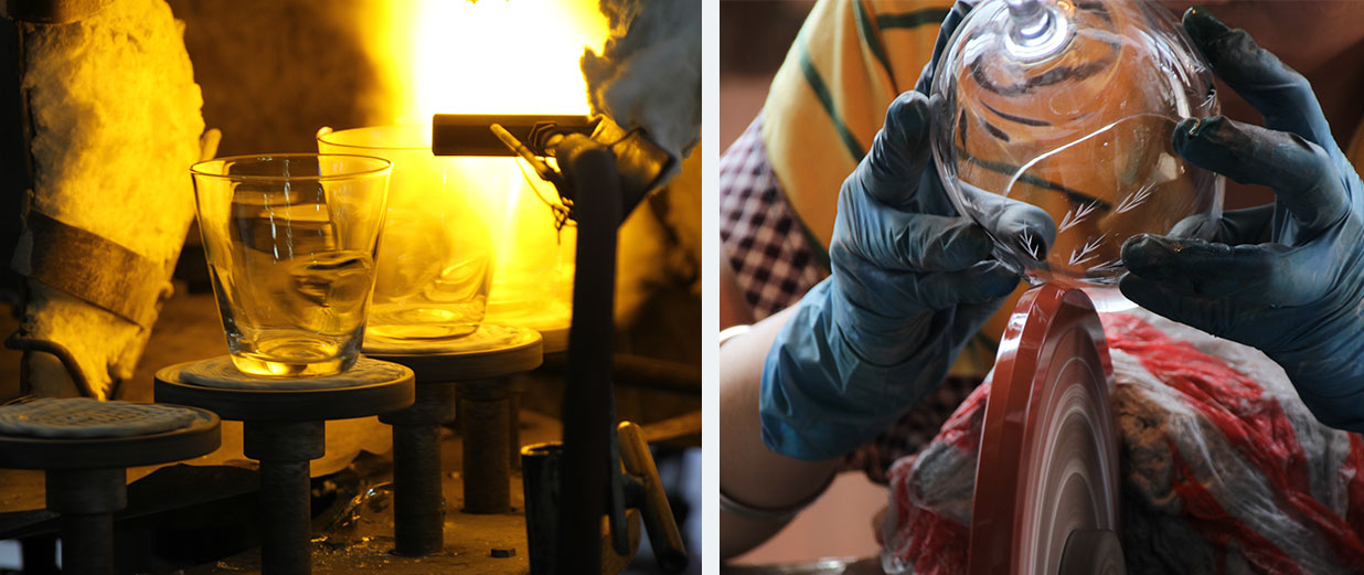 Glass vessels undergoing hot working and a glass piece being surface finished
