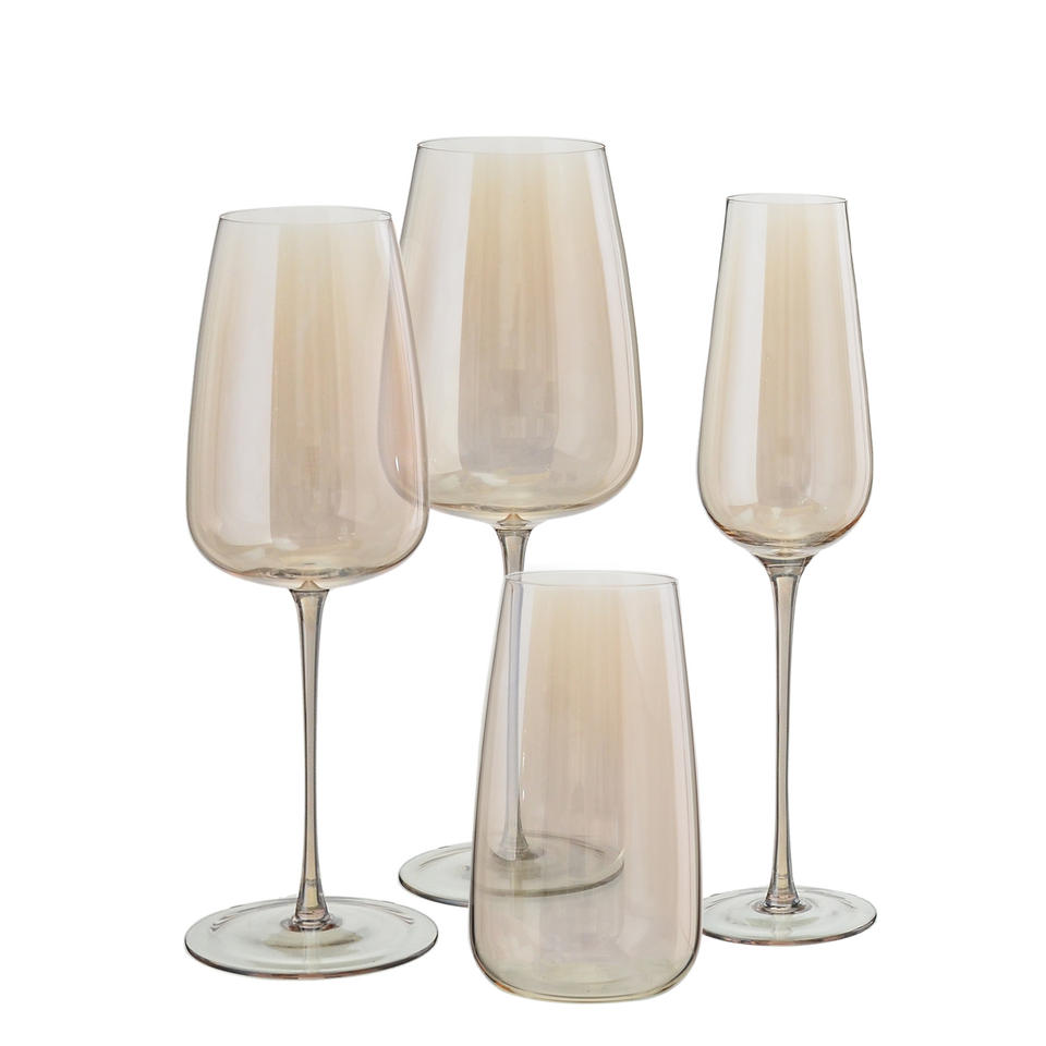 Muted-colour stemmed glasses and a stemless water tumbler
