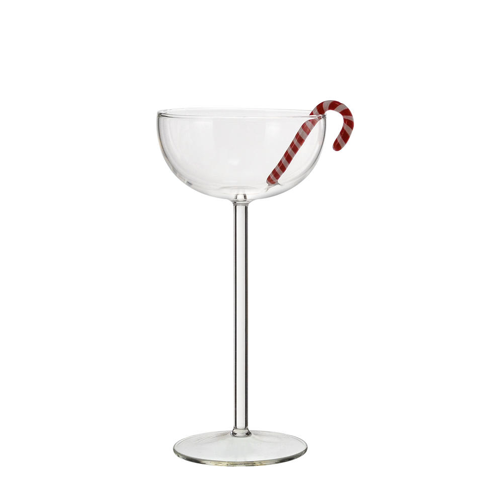 Clear long-stem coupe with a generic candy-cane decorative detail