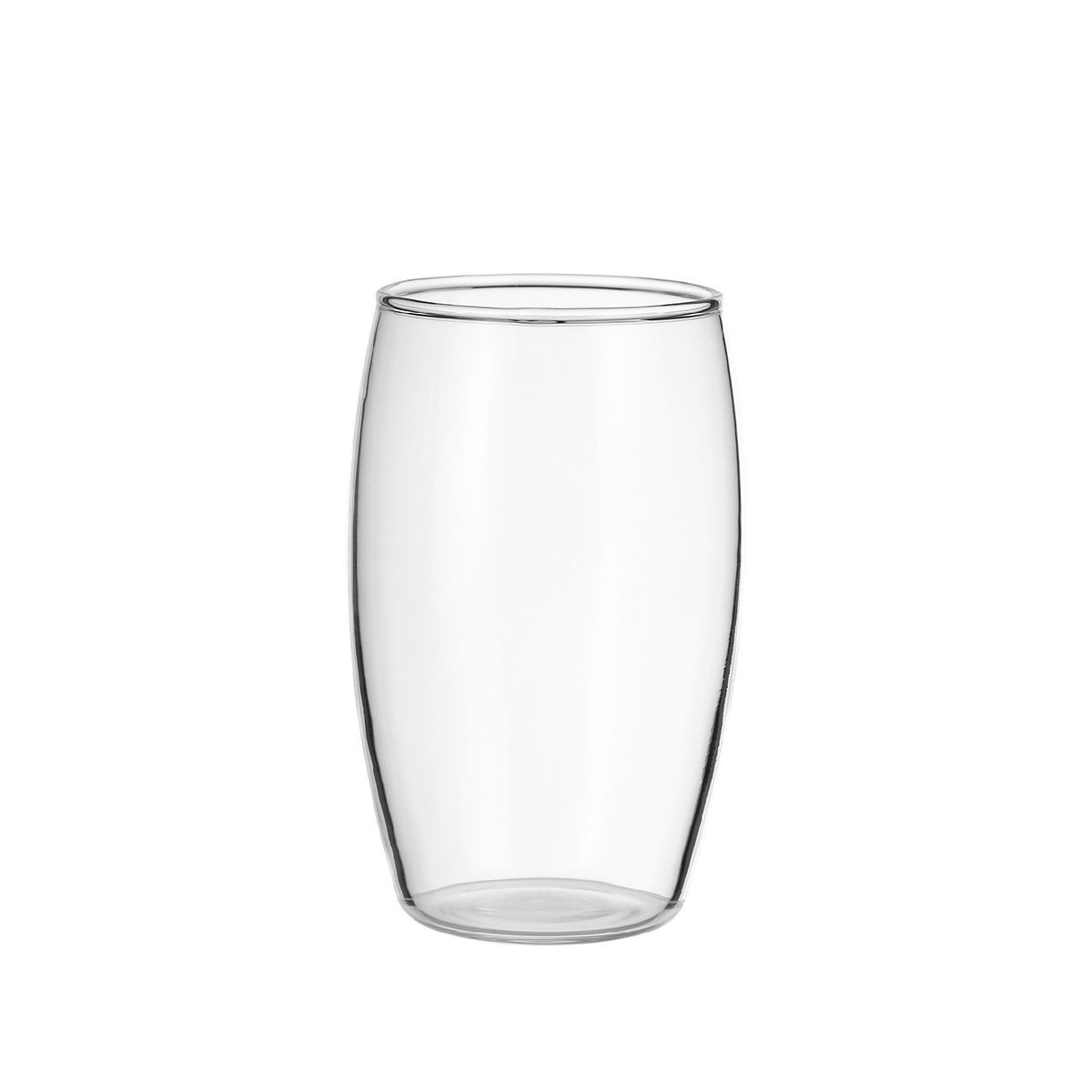 Curved clear handleless drinking glass reference