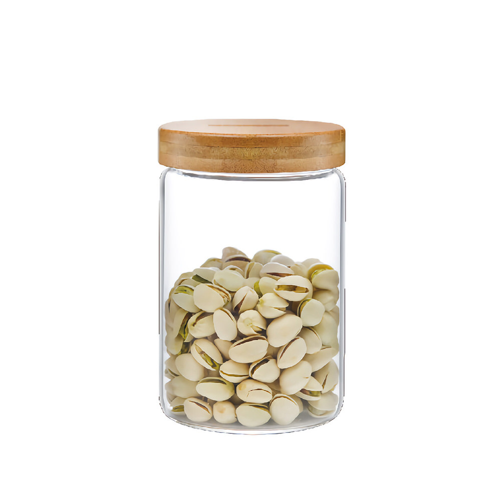 Clear glass storage jar with bamboo-look lid