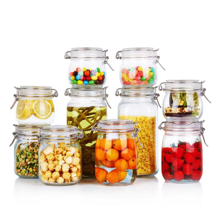 Glass storage jars with glass lids and metal clip closures