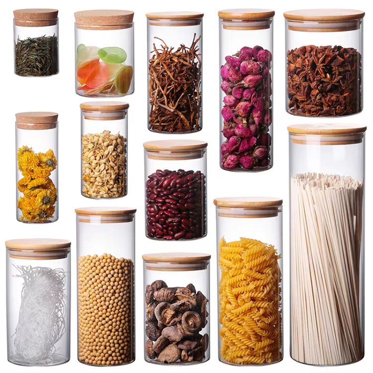 Clear glass pantry jars with cork and wood-look lids