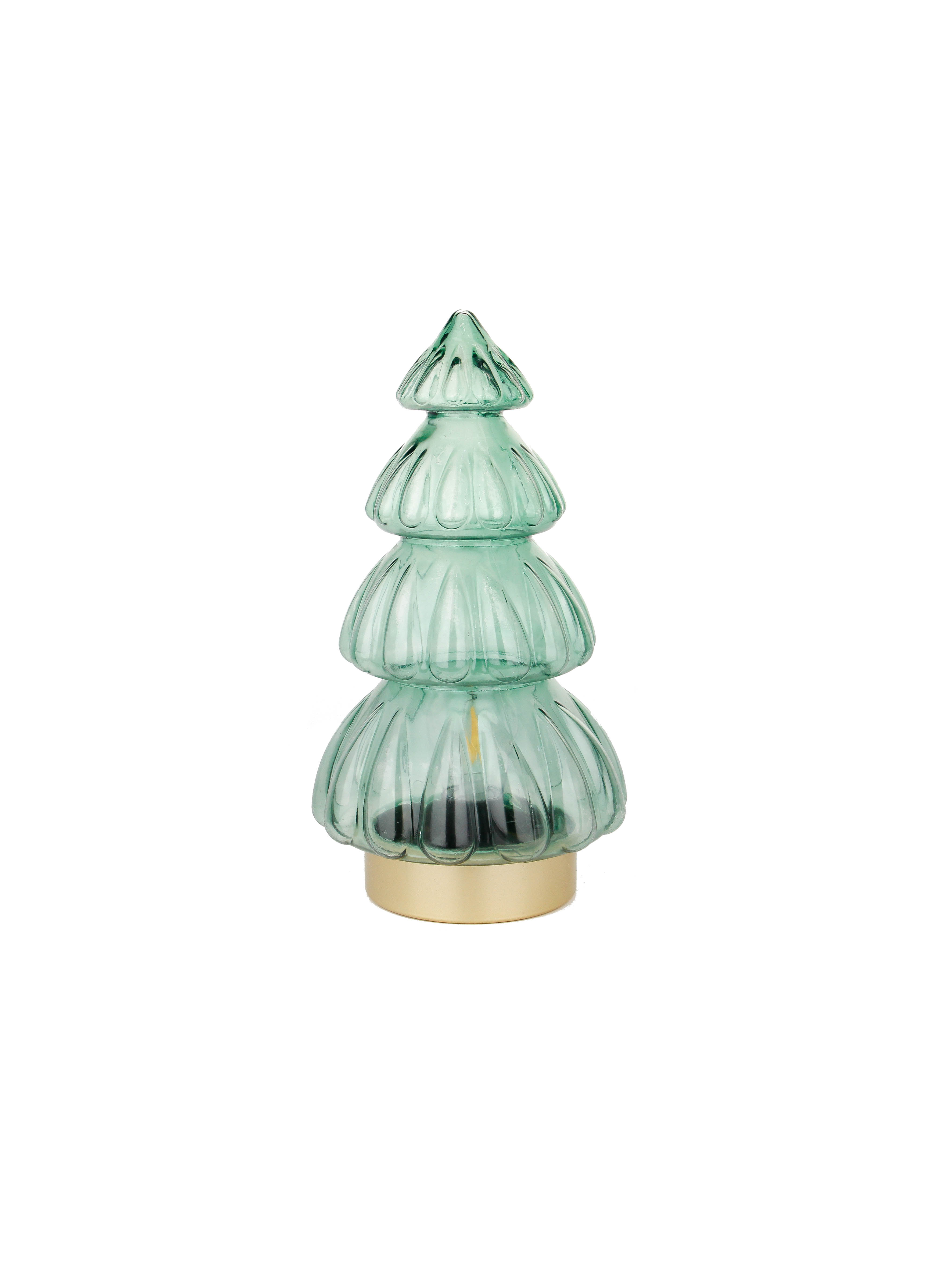Green tree-shaped glass decorative light on a round base