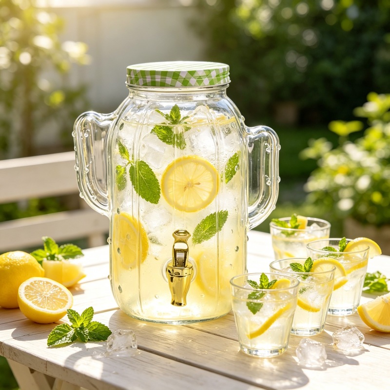 Cactus-form glass beverage dispenser with a metal lid and tap