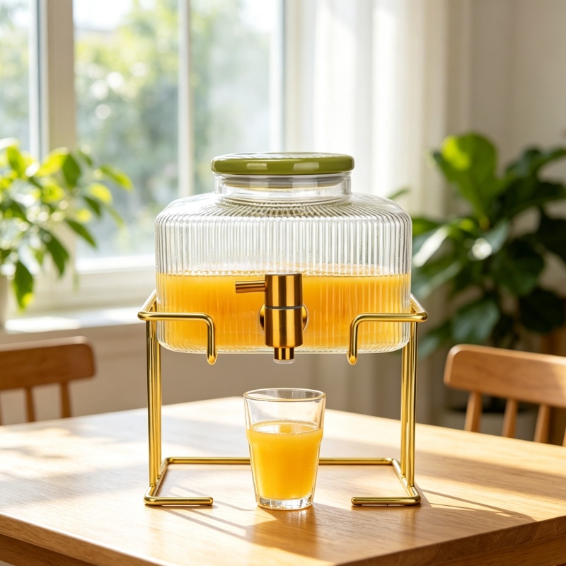 Fluted glass beverage dispenser above a drinking glass