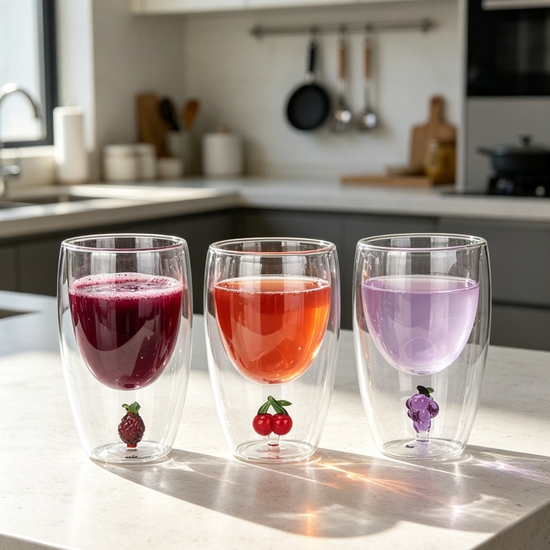 Three clear drinking glasses with small fruit-form decorations