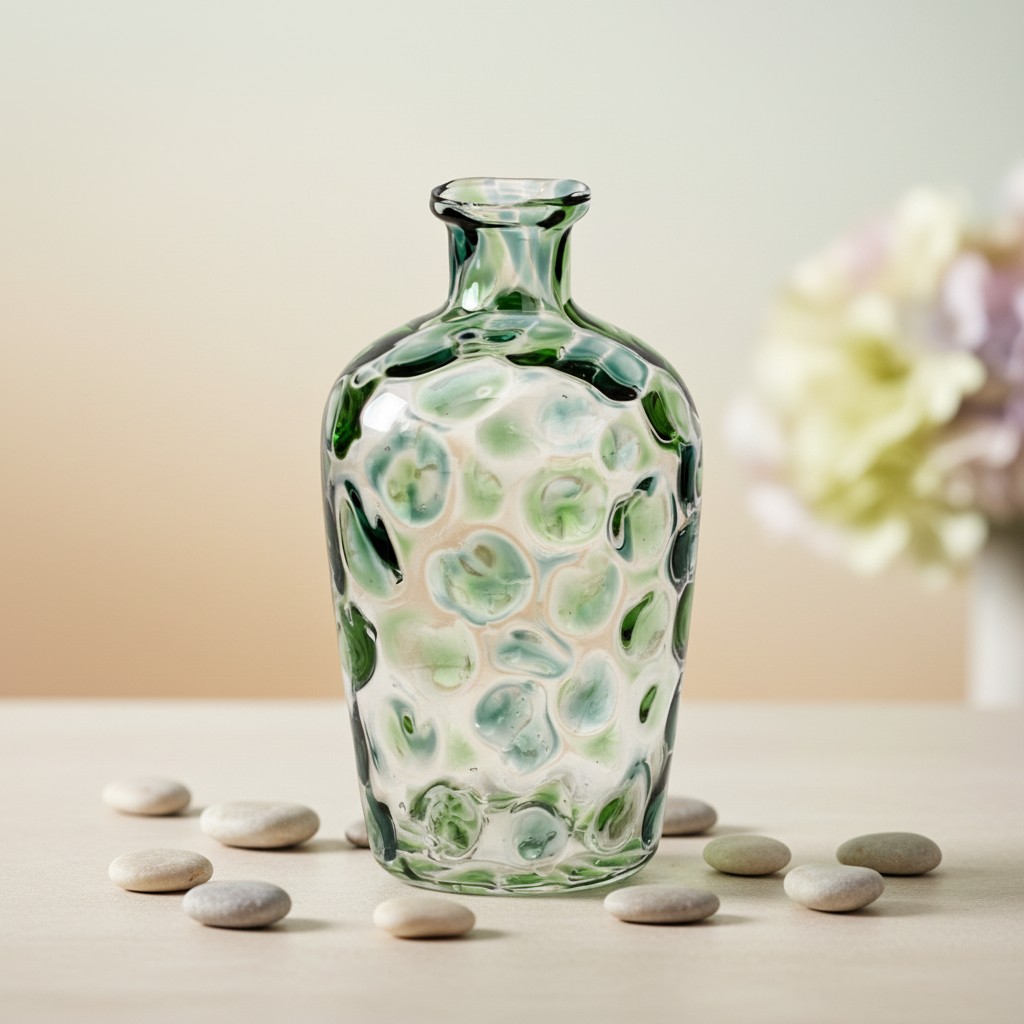 Green-patterned decorative glass vase with a narrow opening