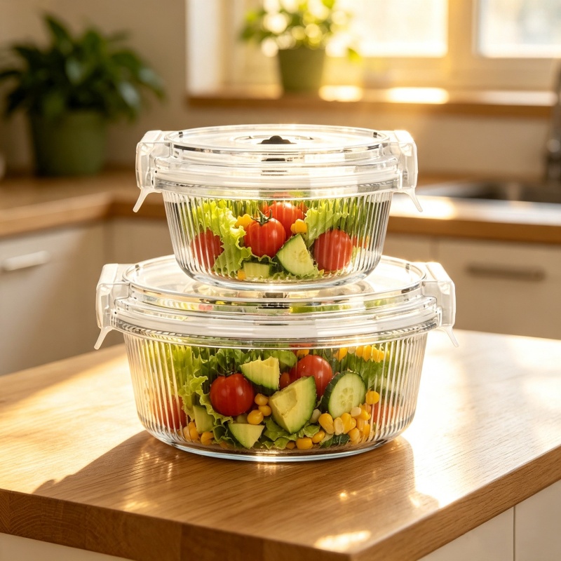 Two round glass food containers with clip-style lids