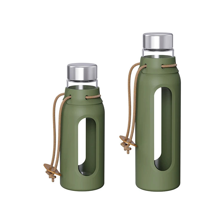 Two glass bottles with green silicone sleeves and carrying cords