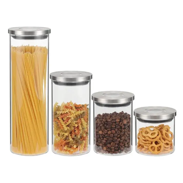 Four graduated-height glass pantry jars with metal-trimmed lids