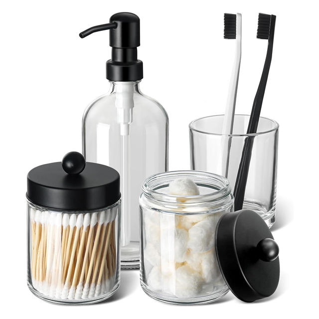 Glass pump bottle, tumbler and lidded vanity jars