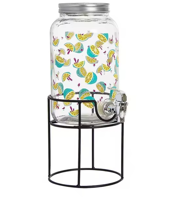 Printed glass beverage dispenser on a separate stand