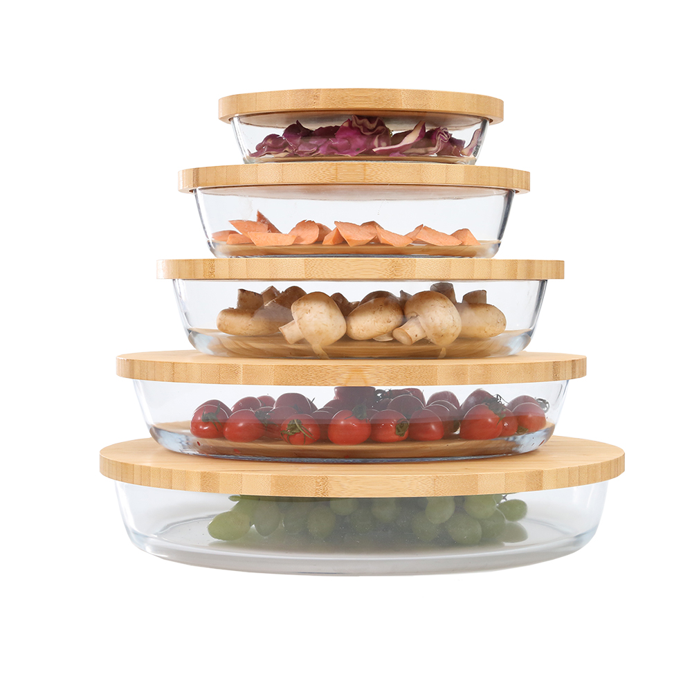Glass dishes with bamboo covers in several sizes