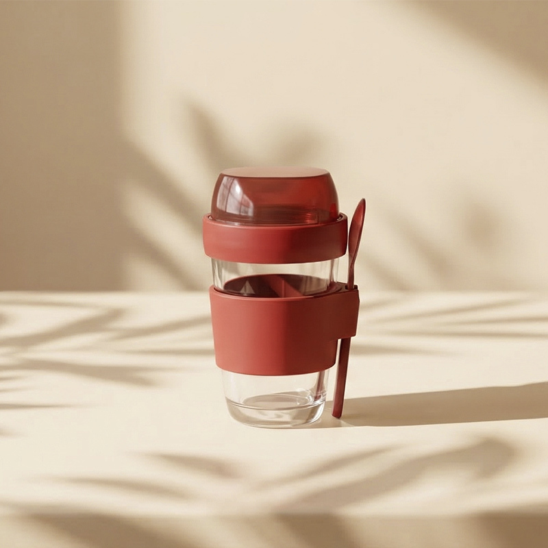 Glass breakfast-cup direction with sleeve and utensil arrangement