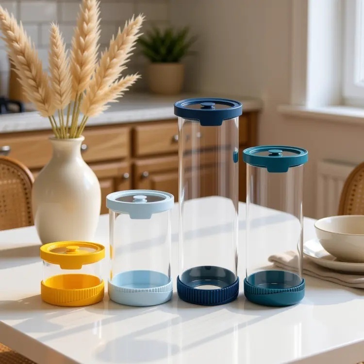 Glass pantry canisters with framed lids and silicone-base directions
