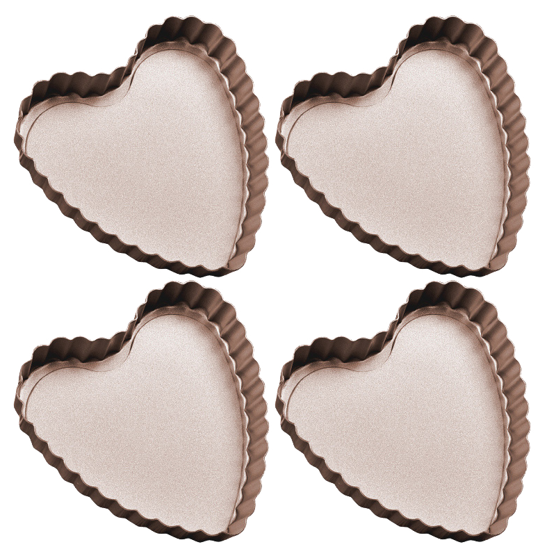 Heart-shaped fluted tart-pan styles with a pale metallic finish