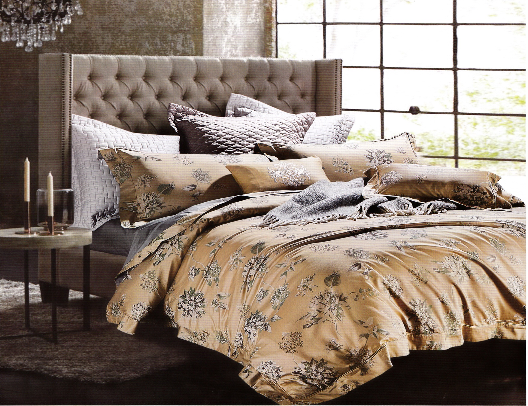 Jacquard bedding in a styled bedroom
